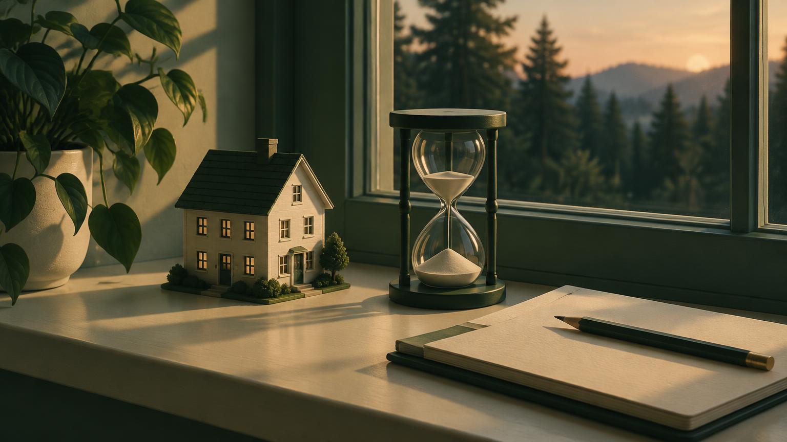 Lite modellhus og et timeglass i en vinduskarm