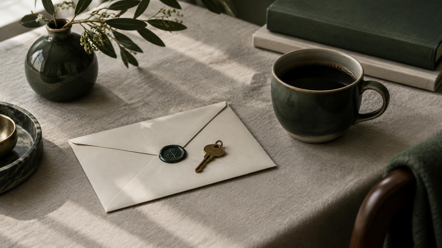 Konvolutt med segl og en husnøkkel ved en kaffekopp