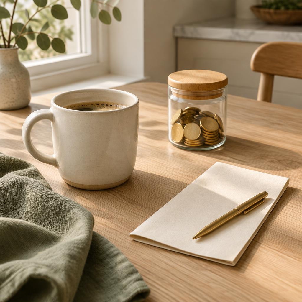 Kaffekopp, glasskrukke med gullmynter og bambuslokk, og en handleliste på et lyst kjøkkenbord