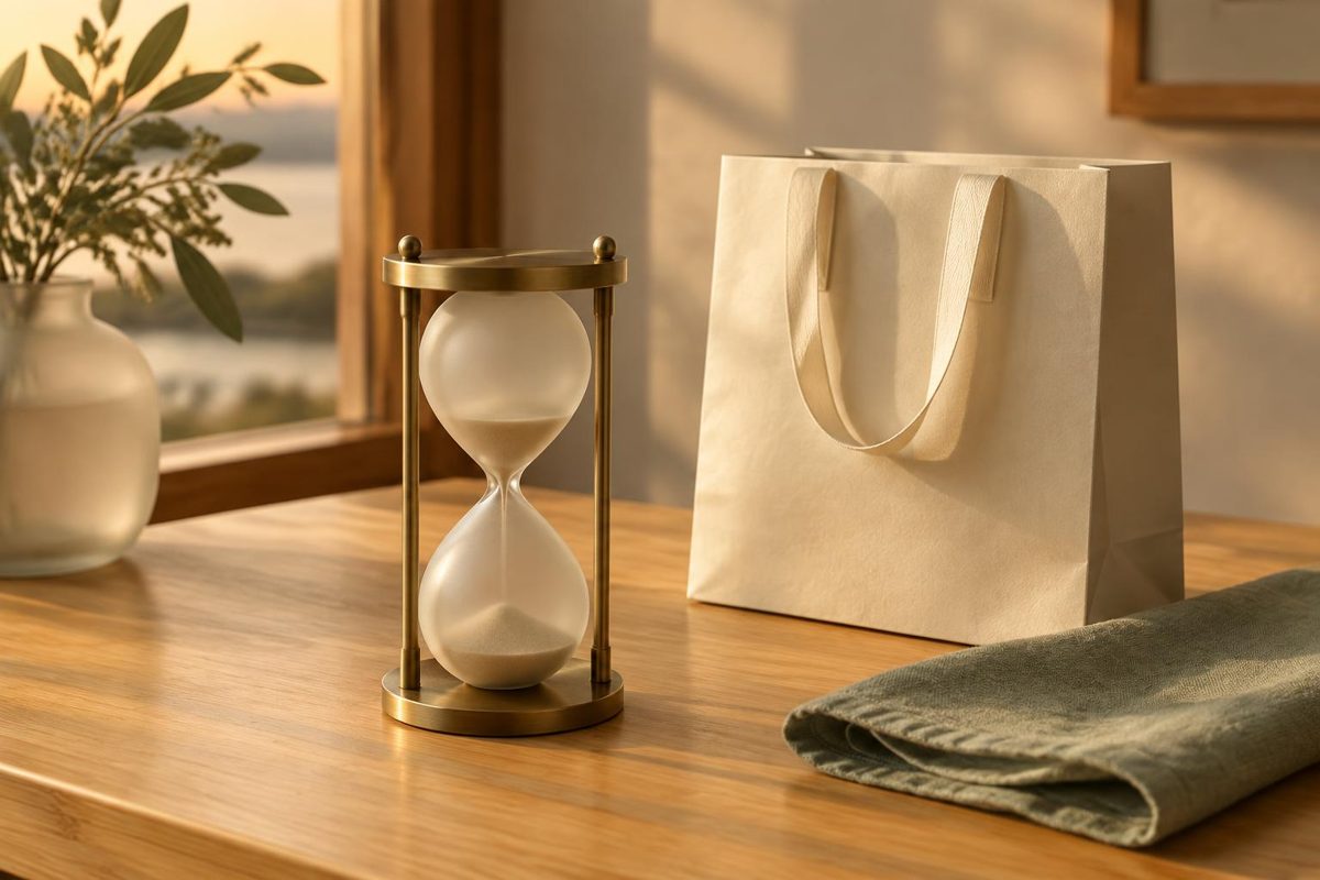 Et timeglass i messing ved en lukket handlepose