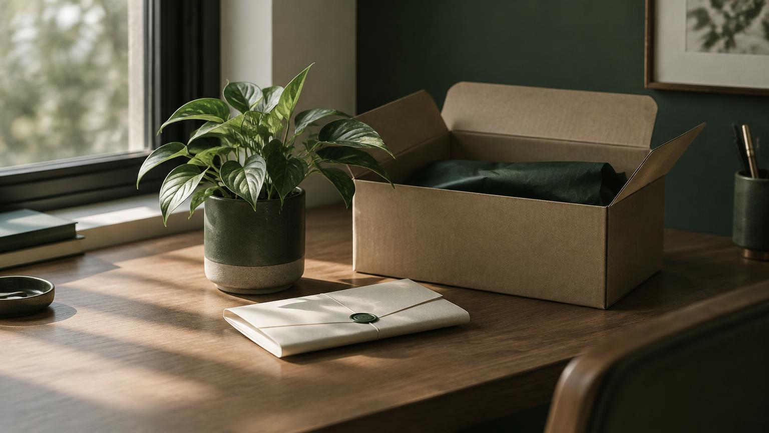 Pappeske, potteplante og et brev på et skrivebord