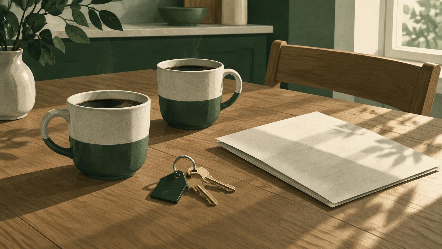 To kaffekopper, husnøkler og et dokument på et kjøkkenbord